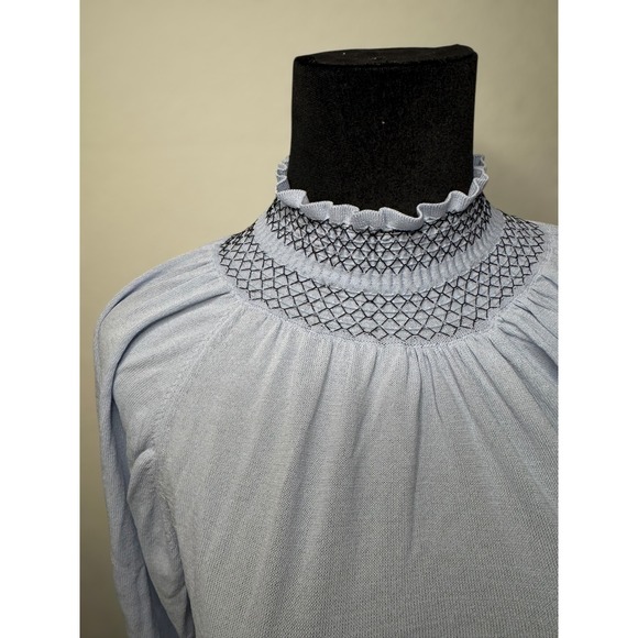 Zara Light Blue High Neck Balloon Sleeve Knit Top Womens Smocked Pullover size S - Picture 6 of 10